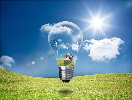 电灯泡,展示,房子,涡轮,漂浮,绿色,地点,阳光