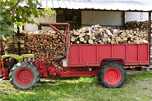 木柴,拖拉机,红色,一堆,木头