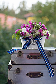 浪漫,插花,蓝色,条纹,丝带,优雅,胸针,一堆,旧式,手提箱