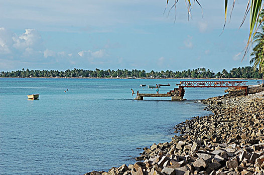 tuvalu,funafuti,boats,in,blue,sea,with,children,standing,on,pier,by,coastline,palm,trees,against,sky
