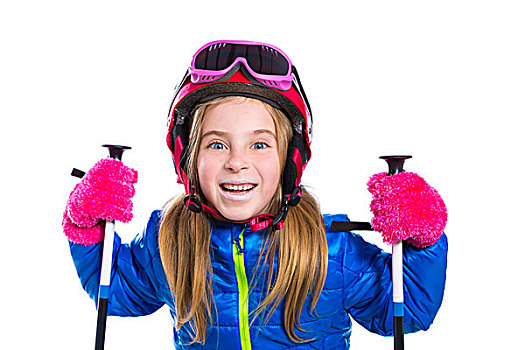 金发,儿童,女孩,高兴,雪,滑雪杖,头盔,护目镜
