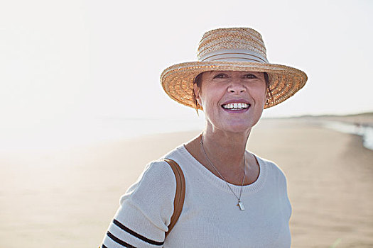 头像,微笑,成年,女人,戴着,草帽,晴朗,夏天,海滩