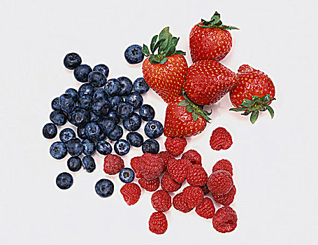 三个,堆放,浆果,蓝莓,草莓,树莓