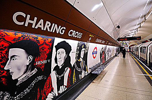 英格兰,伦敦,穿过,绘画,英国,装饰,墙壁,站台,线条,地铁站