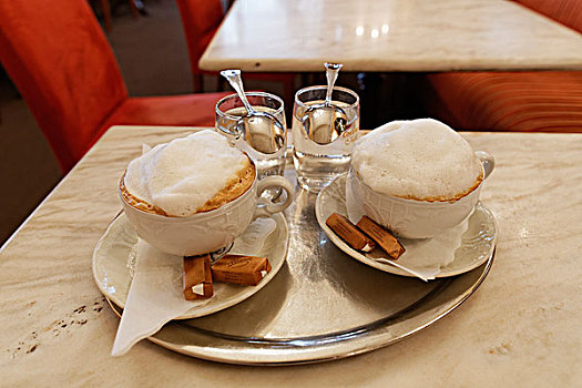两个,杯子,咖啡,萨尔茨卡莫古特,胜地,区域,上奥地利州,奥地利,欧洲