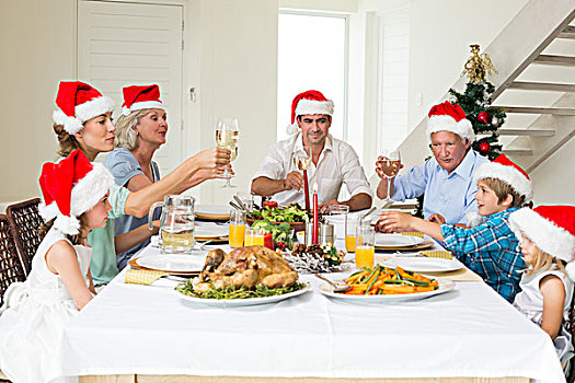 家庭,祝酒,葡萄酒,圣诞餐