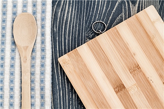 木勺,餐巾,案板,蓝色,木质背景