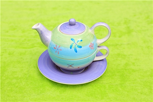 可爱,淡色调,茶壶,绿色背景