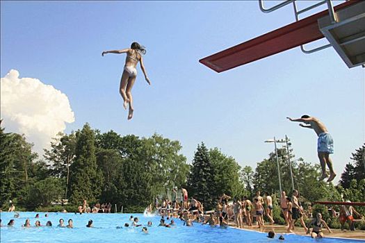 2005年,海德尔堡,孩子,跳跃,跳台,热,夏天,游泳池