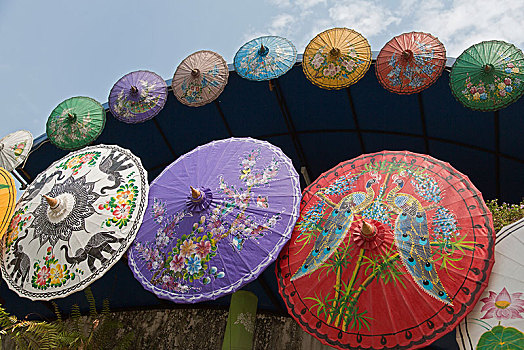 明亮,涂绘,亚洲,阳伞,纸,清迈,清迈省,泰国