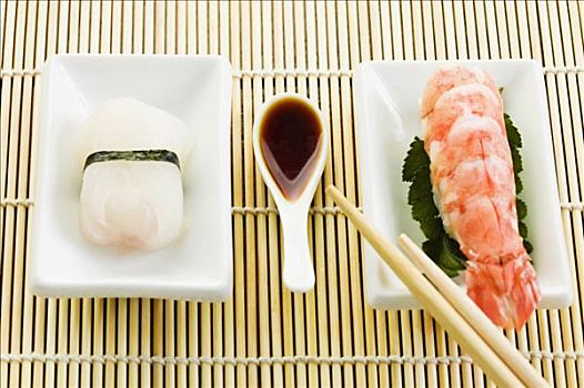俯拍,一个,盘子,寿司,龙虾