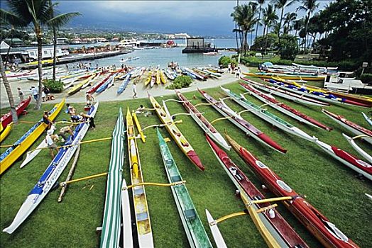 夏威夷,夏威夷大岛,许多,彩色,舷外支架,独木舟,岸边,比赛,俯视
