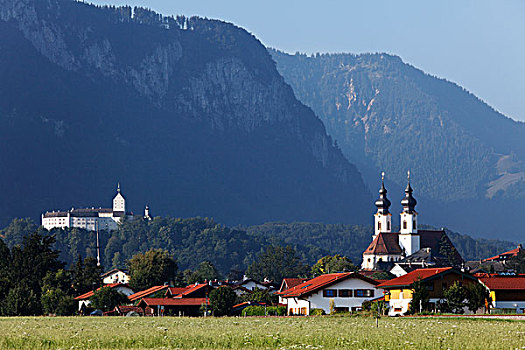 城堡,教区教堂,上巴伐利亚,巴伐利亚,德国,欧洲