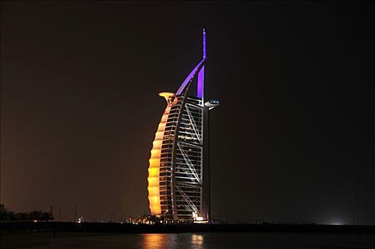 光亮,建筑,酒店,帆船酒店,夜晚,阿拉伯,塔,迪拜,阿联酋,中东,东方