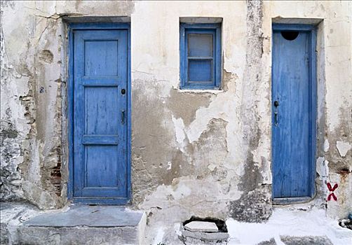 蓝色,木质,门,老,墙壁,纳克索斯岛,基克拉迪群岛,希腊,欧洲
