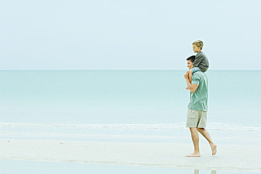 父亲,儿子,肩上,走,荒芜,海滩