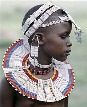 马萨伊人,女孩,传统服饰,白色,串珠,圆形,疤痕,脸颊,局部,氏族,群体,边界,肯尼亚,晒黑