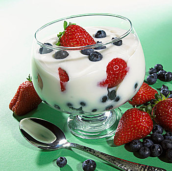 玻璃碗,酸奶,新鲜,草莓,蓝莓