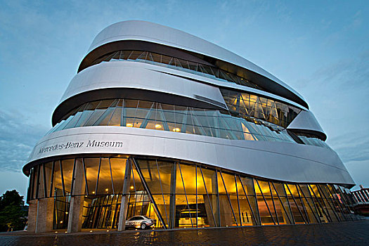 奔驰博物馆,晚上,光亮,现代建筑,坏,斯图加特,巴登符腾堡,德国,欧洲