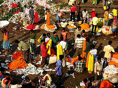花市,一个,花,市场,加尔各答,印度,十一月,2007年