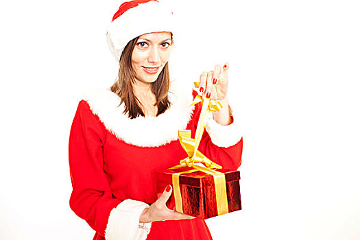 女人,圣诞老人装,打开,礼物