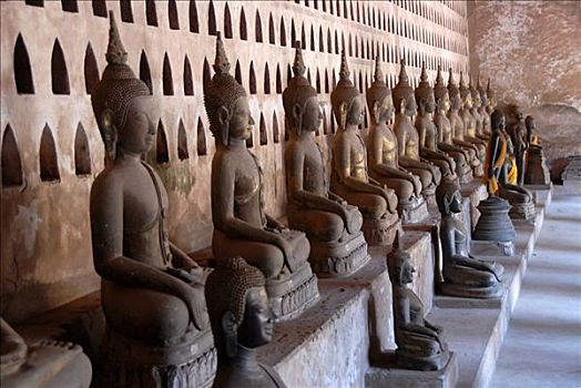 许多,老,佛像,排列,施沙格庙,万象,老挝,东南亚