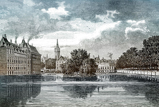 历史,绘画,宫殿,水塘,宾南霍夫国会大厦,海牙,19世纪,荷兰,欧洲