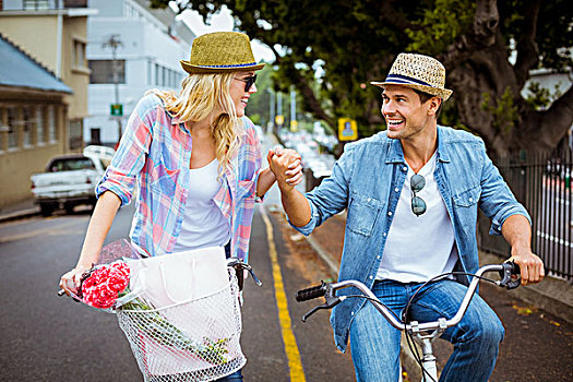 时尚,年轻,情侣,骑自行车