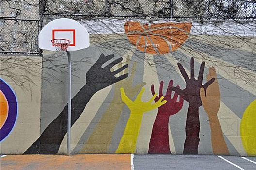 壁画,鼓励,球类运动,学校,哈莱姆区,曼哈顿,纽约,美国,北美