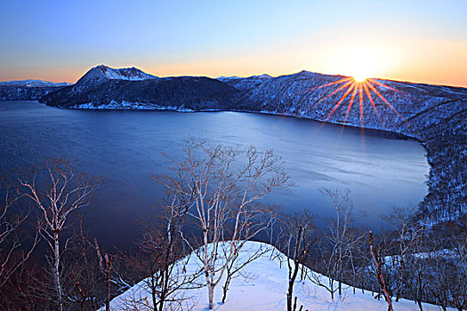 湖,日出,北海道