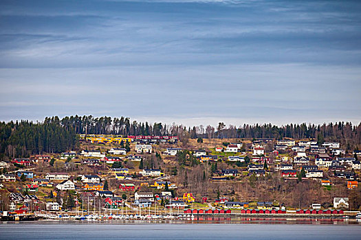 挪威,沿岸城镇,风景,彩色,木屋,船