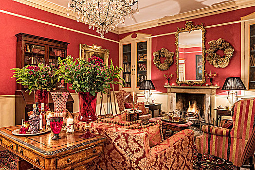 壁炉,经典,客厅,红色