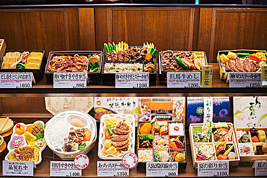 俯拍,选择,便当,盒子,传统,日本料理,架子