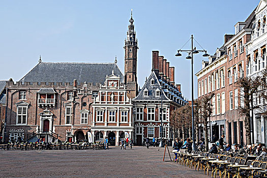 市政厅,教堂,大广场,市场,哈勒姆,省,北荷兰,荷兰,欧洲