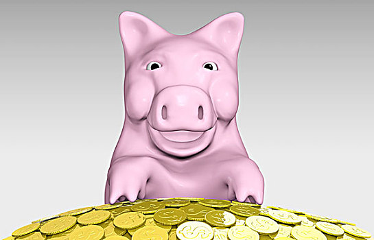 粉色,小猪,微笑,上方,堆,硬币