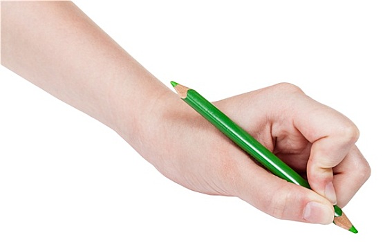 手,绿色,铅笔,隔绝,白色背景