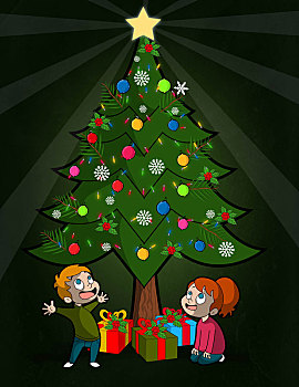 插画,高兴,孩子,看,圣诞树