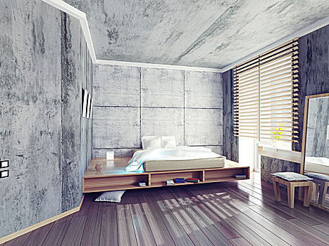 现代,设计,卧室,水泥,墙壁,概念