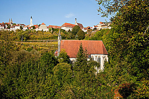 教堂,围绕,树,建筑,背景,罗腾堡