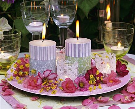 蜡烛,花,盘子