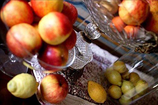 特写,水果,桌上,苹果,玻璃,柠檬,水晶,玻璃瓶