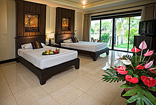 两个,床,客房,清迈,泰国