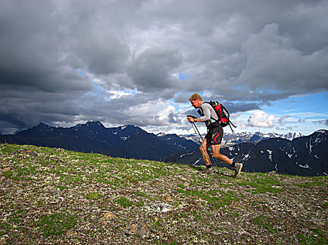 小路,跑步者,旅行,上坡,苔原,山脊,楚加奇山,靠近,楚加奇州立公园,夏天,阿拉斯加