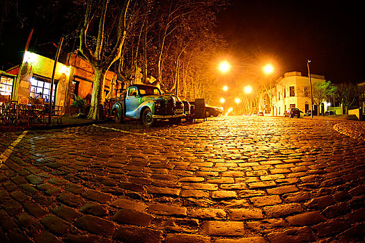 老古董,汽车,鹅卵石,街道,夜晚,萨克拉门托,乌拉圭,南美
