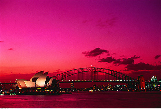 剧院,海港大桥,日落,悉尼,澳大利亚