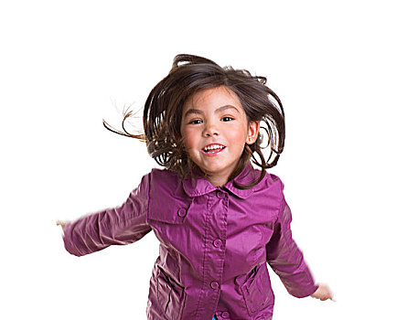 亚洲人,孩子,女孩,跳跃,高兴,冬天,紫色,外套,移动,头发,白色背景