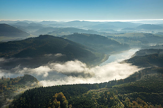 晨雾,俯视,湖,藻厄兰,北莱茵威斯特伐利亚,德国,欧洲