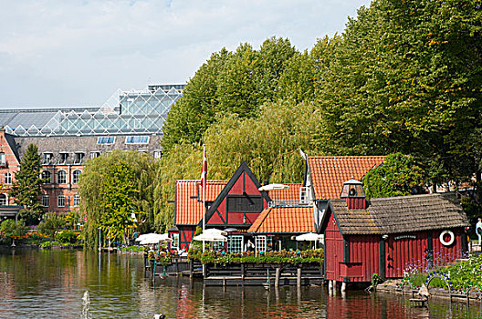 丹麦,哥本哈根,蒂沃利公园,餐馆,小,湖