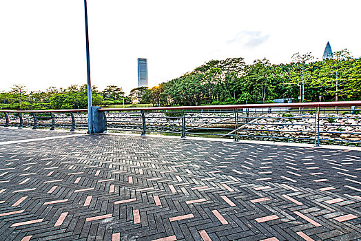 深圳湾公园和无人的花砖路面