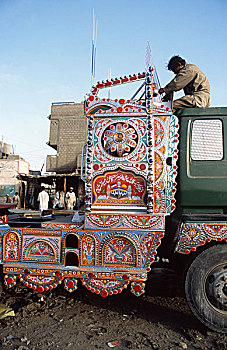 卡车,巴基斯坦,卡拉奇,2005年,巴基斯坦人,卡车司机,五月,消费,两个,薪水,买,翻新,工作,画家,金属